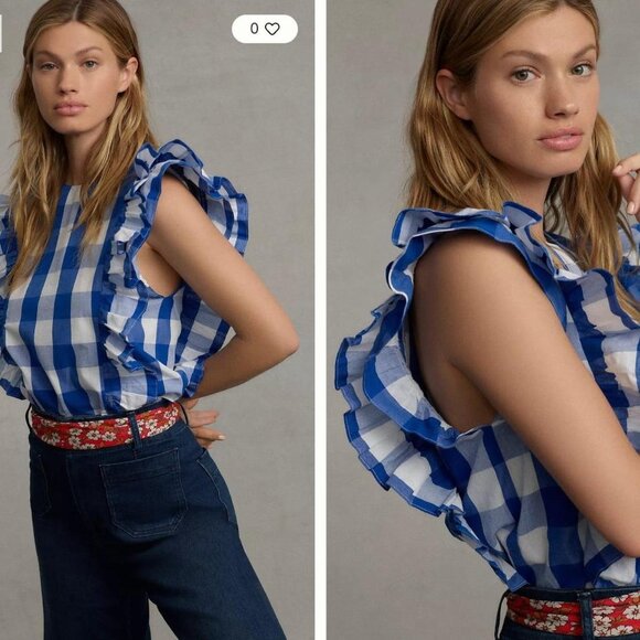 anthropologie whit two cascade blue and white gingham button up top - Picture 2 of 6